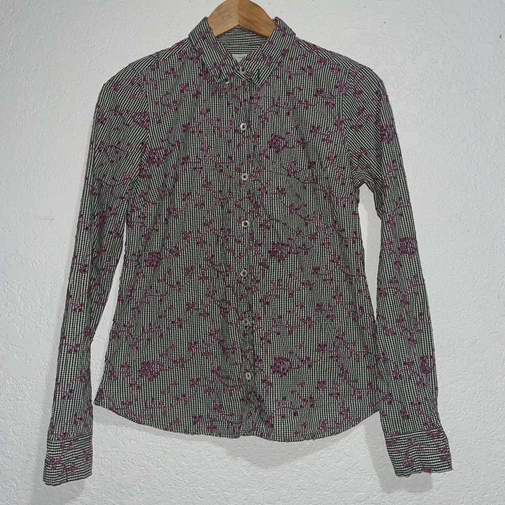Anthropologie Odile Gingham  Embroidered Eyelet Button Down Top SZ 6 - Picture 2 of 9